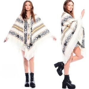 Vintage Western Aztec Knit Wool Fringe Poncho Cape